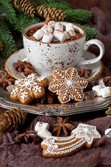 Hot cocoa with marshmallows and gingerbread cookies on the wooden background. Christmas concept