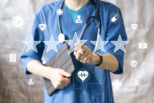 Doctor pushing button key rating increase virtual healthcare in network medicine.