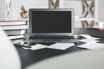 Fototapeta premium Hipster office desktop with empty laptop screen