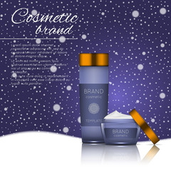 Vector 3D cosmetic illustration on a winter snowing background. Beauty realistic cosmetic product design template.