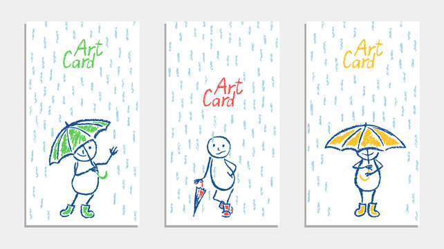 Funny man with umbrella and rain card set. Wax crayon pencil or pastel chalk like kid`s hand drawn. Vector cartoon comic characters with autumn rain shower flood. Like child`s painting art background