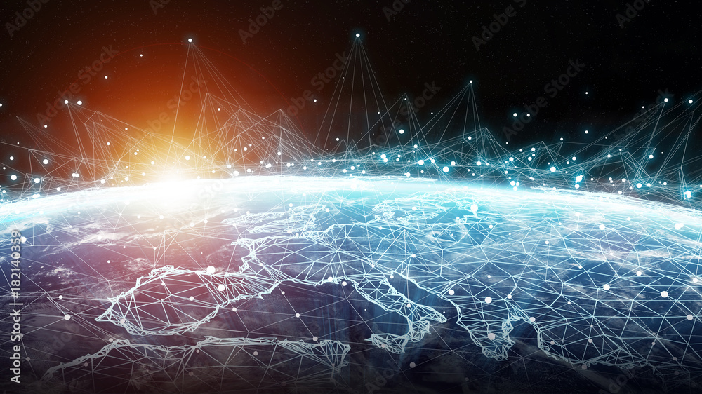 Aufkleber Connections system and datas exchanges on planet Earth 3D rendering