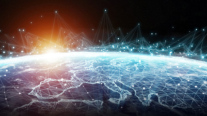 Connections system and datas exchanges on planet Earth 3D rendering