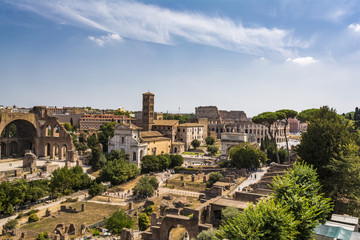 Fototapeta na wymiar Panoramic view the Colosseum and Roman Forum from Palantine hill, Rome, Italy