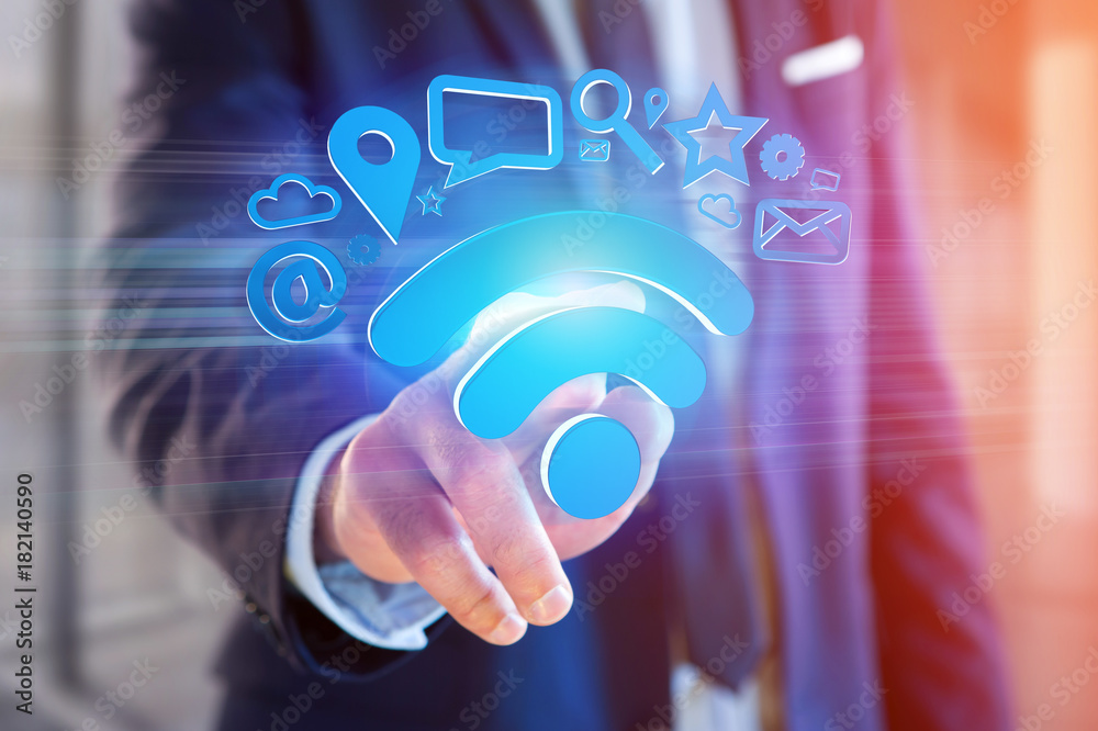 Poster wifi symbol connection surrounded by multimedia and internet application logo - 3d rendering