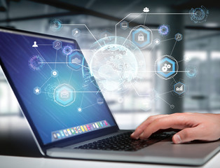 International business network connection displayed on a futuristic interface with technology icon and sphere globe - Worldwide business concept