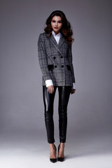 Sexy beautiful woman fashion model long brunette hair natural makeup wear blouse casual suit perfect body shape glamour style catalog casual clothes for business woman walk party meeting date outwear.