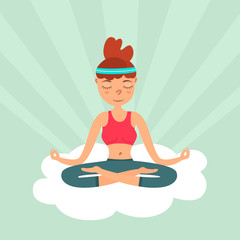 Girl in a lotus pose floating on a cloud in the sky color flat illustration
