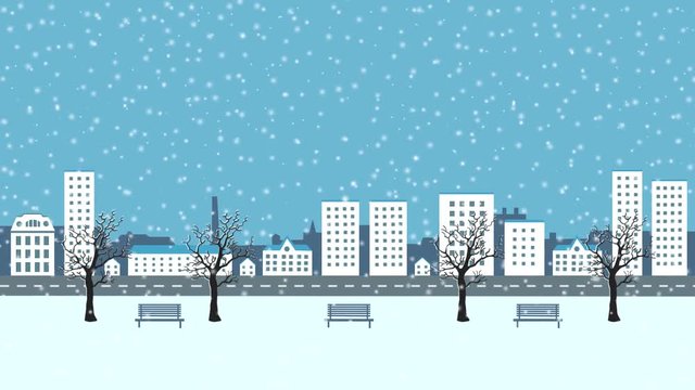 Winter cityscape with snow, animation