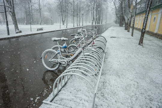 Bicycles smoothly covered with fresh snow after weather phenomena - snowfall in late April near Moscow