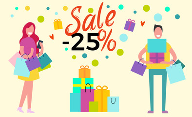 Sale -25 Happy People on Vector Illustration