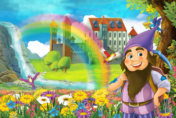 Plakat cartoon fairy tale scene with smiling dwarf in the field full of flowers near small waterfall colorful rainbow and big castle illustration for children