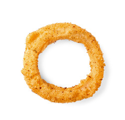 Fried breaded onion ring on white background