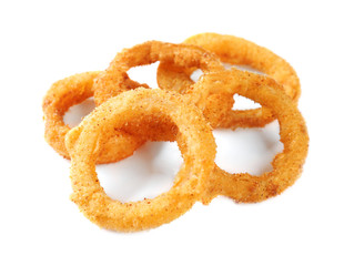 Fried breaded onion rings on white background