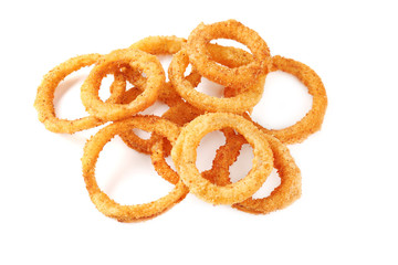 Fried breaded onion rings on white background