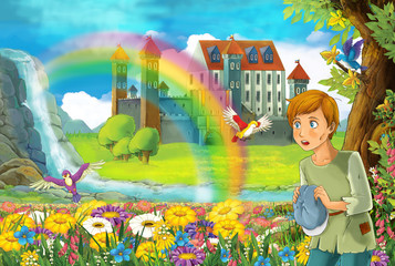 cartoon fairy tale scene with young boy  in the field full of flowers near small waterfall colorful rainbow and big castle illustration for children