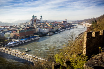 View of Passau with Danube river, embankment and cathedral, Bavaria, Germany