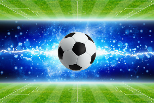 Soccer ball, powerful bright blue lightning, green soccer fields