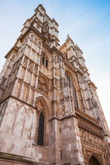 Westminster Abbey facade under blue sky