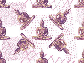 Seamless vintage hippies pattern with sitting Buddha. Thai god, yoga zen. Esoteric background perfect for wallpaper, pattern fill, web page, surface texture, textile. Indian Buddhism spiritual art