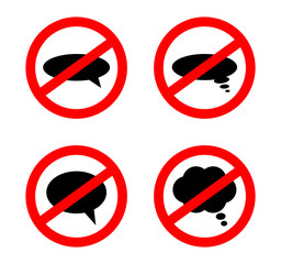 Speaking And Thinking Not Allowed Signs. Vector Illustration Of Speech Bubble Silhouettes In Traffic Signs Saying Don't Speak, Don't Think.
