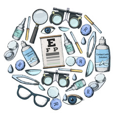 Set of medical optometry accessory for correct vision - contact lens,  solution, lens case eye test chart, glasses. Vector