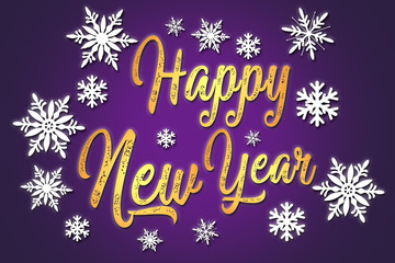 Happy New Year. Typographic background with snowflakes. Original design element. Template, card, poster. emblem graphics. Handwritten banner, logo, label. Colorful hand drawn phrase.