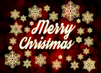 Fototapeta premium Merry Christmas. Typographic background with snowflakes. Original design element. Template, card, poster. emblem graphics. Handwritten banner, logo, label. Colorful hand drawn phrase.