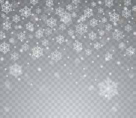 Falling shining transparent snow. Christmas snow with snowflakes.