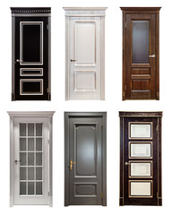 Set collage of different wooden vintage door isolated on white background