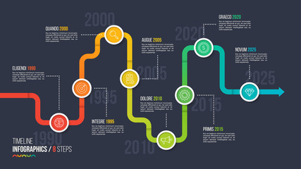 Eight steps timeline or milestone infographic chart.