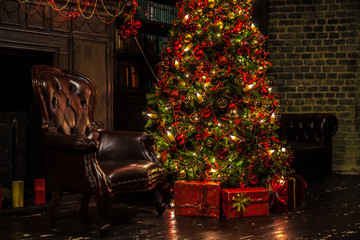 Classic green new year tree in the dark room. Christmas interior background