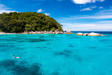 Snorkellers in clear tropical waters next to a remote, jungle covered island