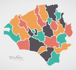 Wiesbaden Map with boroughs and modern round shapes