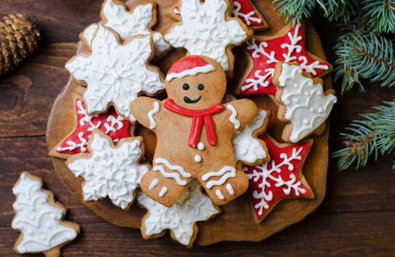 Christmas Cookies on Wooden Background