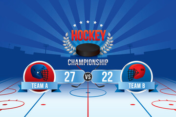 Obraz premium Vector of ice hockey championship with team competition and scoreboard.