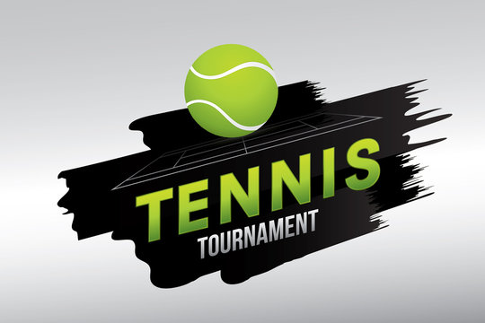 Tennis tournament badge design with ball on court.