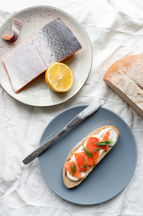 Toast with salmon fish, cream cheese and dill. Top view. Healthy breakfast on tablecloth. Vertical photo. 