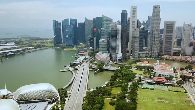 Singapore. November 21, 2017: Beautiful drone shot of skyscrapers in Central Business District at Marina Bay Singapore. Shot in 4k resolution