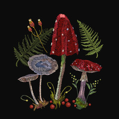 Embroidery mushrooms. Fly agarics, toadstools, forest art. Fashion nature template for clothes, textiles, t-shirt design