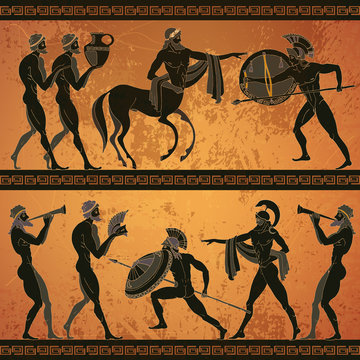 Ancient Greece scene banner. Black figure pottery. Ancient Greek mythology. Centaur, people, gods of an Olympus. Classical Ancient Greek style
