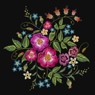 Embroidery wild roses, dogrose flowers vector art. Classic style embroidery, beautiful fashion template for clothes, t-shirt design