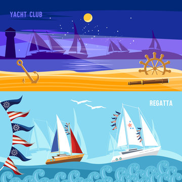 Yacht racing banner, sailing regatta. Sea adventure. Sailing in the wind through the waves. Water sports Nautical school
