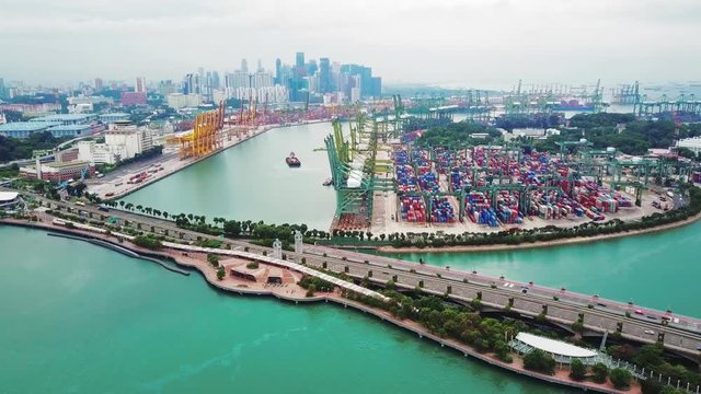 Singapore. November 21, 2017: Aerial drone shot of Singapore container terminal. Shot in 4k resolution