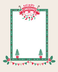 Christmas frame for congratulations, invitations, postcards. With lettering composition merry Christmas and a Happy New year on a red ribbon with Christmas decor: stockings, garland, sweets, confetti.