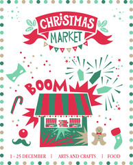 Poster for the Christmas market with Christmas decorations and lettering Christmas market on red tape. Illustration of the store with the fireworks. Sock for gift, cookie man, mask, confetti.