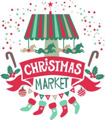 Poster for a Christmas fair with lettering lettering Christmas market and Christmas decor: Christmas tree decoration balls, garlands of flags, red ribbon.