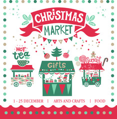 Christmas market illustration. Winter time. Merry Christmas and Happy New Year on amusement park, winter market, festival, fair. Poster, invitation, postcard. Shops with hot drinks, sweets and gifts