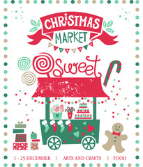Christmas market illustration. Winter time. Merry Christmas and Happy New Year on amusement park, winter market, festival, fair. Poster, invitation, postcard. Shops with hot drinks, sweets and gifts