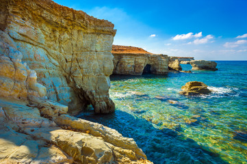 Sea caves on Coral bay coastline, Cyprus, Peyia, Paphos district